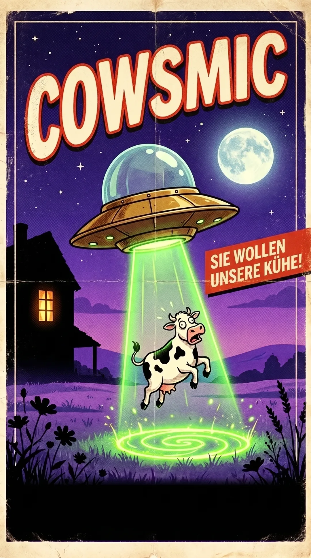 Cowsmic-Poster: eine Messing-Untertasse beamt eine panische Kuh über der französischen Landschaft hoch