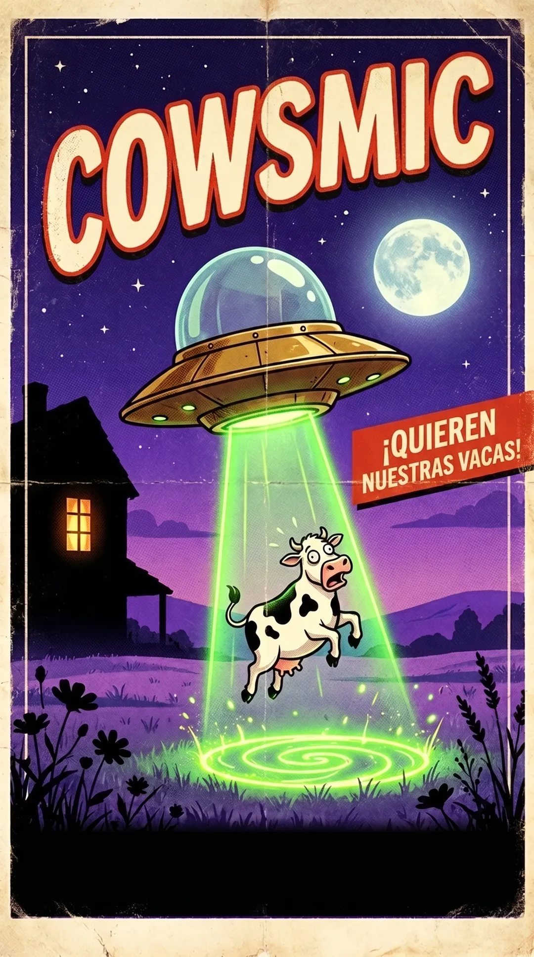 Póster de Cowsmic: un platillo de latón abduce con su rayo a una vaca en pánico sobre la campiña francesa